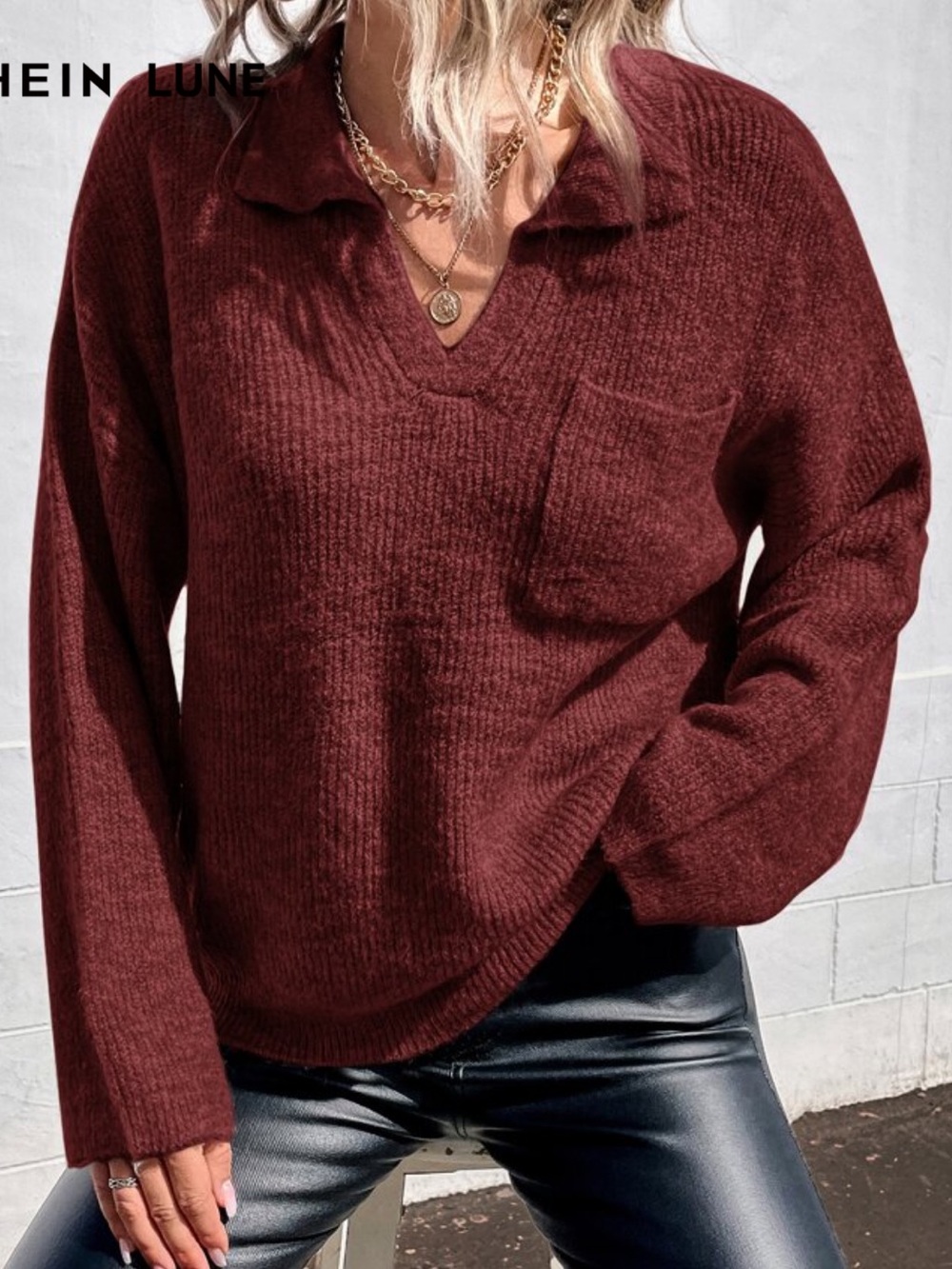 Burgundy Pocket Front Drop Shoulder Sweater